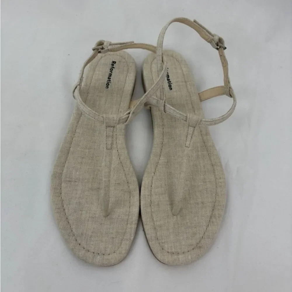 Reformation Cream Linen Thea T-Strap Women's Sandals